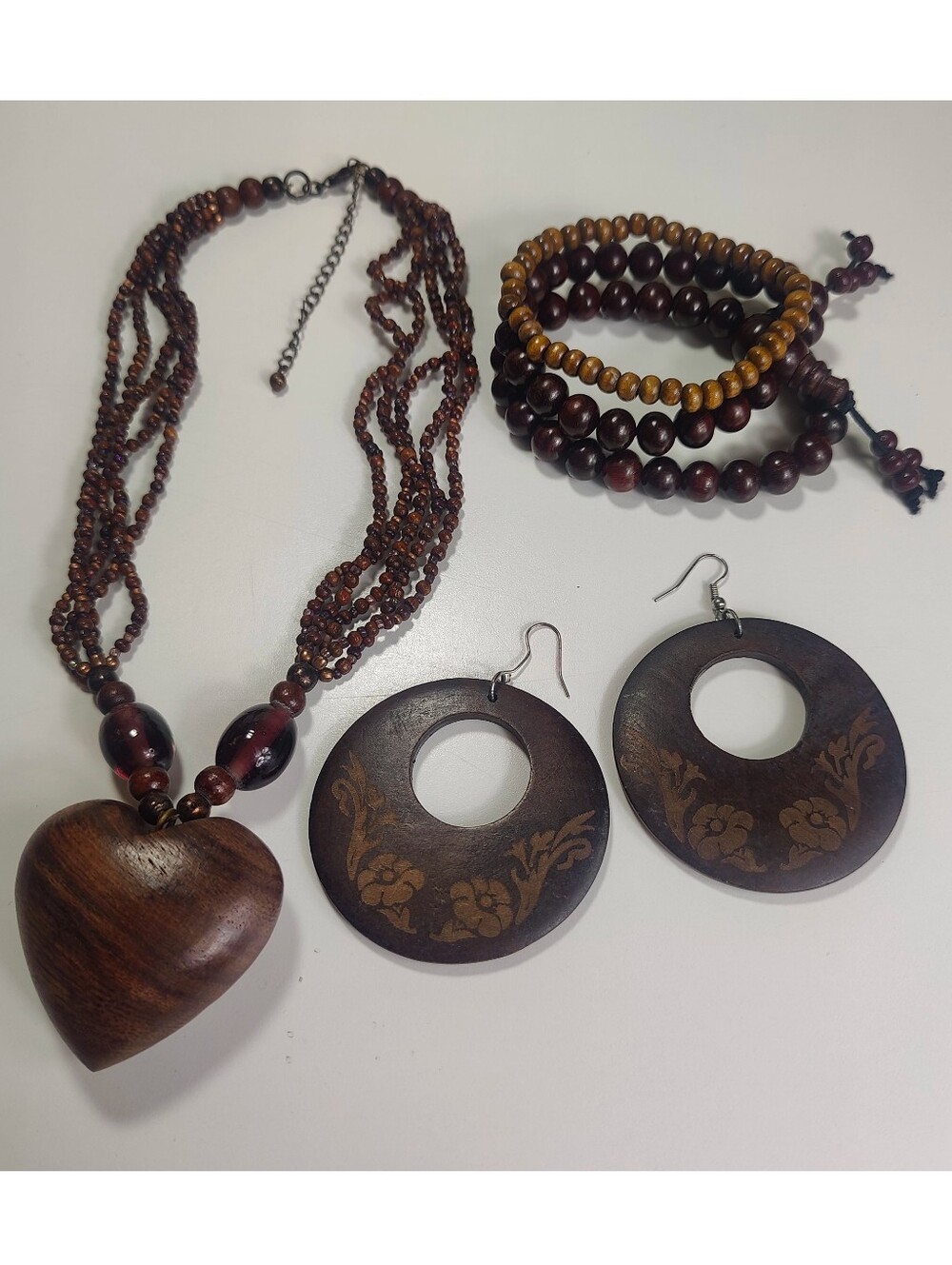 Boho Wooden Heart Necklace Set Disc Earrings Stretch Bracelets Wood Jewelry